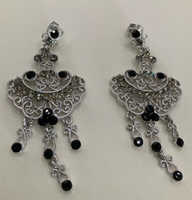Antiqued Silver Plated Australian Crystal Black & Gray Post Chandelier Earrings