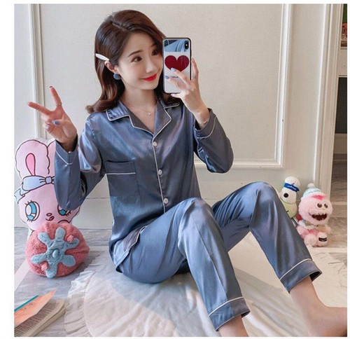 Damen Frauen Satin Pyjama Set Seide Schlafanzug Nachtwäsche Schlafanzug Langarm Nachtwäsche - Bild 20 von 20