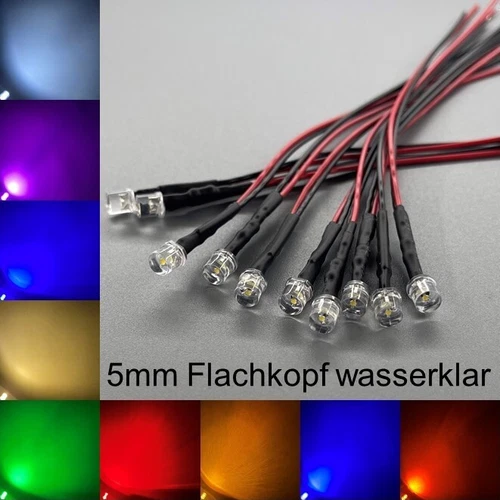 verkabelt 5mm LEDs Flachkopf wasserklar alle Farben 5 mm LED Widerstände +