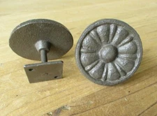 2 Cast Iron Drawer Cabinet Pulls Knobs Cicular W/ Back Plate FANCY Rustic Handle