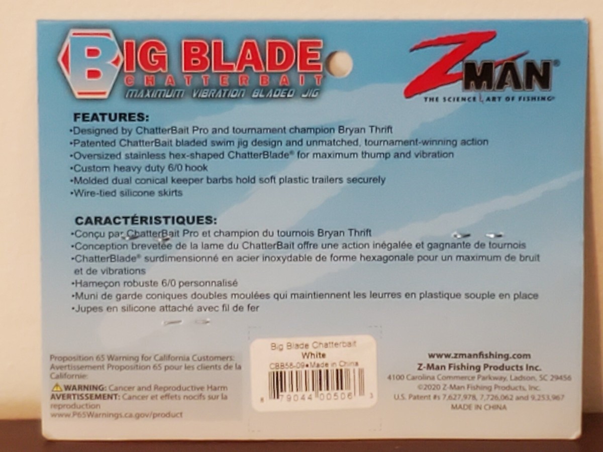 Z-MAN Big Blade Chatterbait Five-Eighths Oz White CBB58-09 for