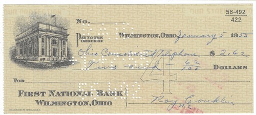 1955 Check to Ohio Consolidated Telephone, First National Bank, Wilmington, Ohio