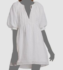 $468 Frame Women's White V Neck Self Tie Puff Sleeve Eyelet Mini Dress Size S
