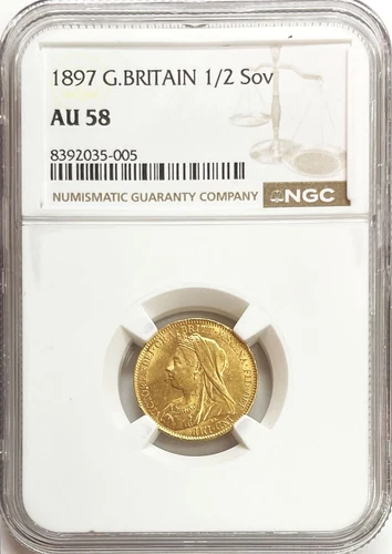 1897 GOLD GREAT BRITAIN 1/2 SOVEREIGN MATURE BUST VICTORIA COIN NGC AU 58