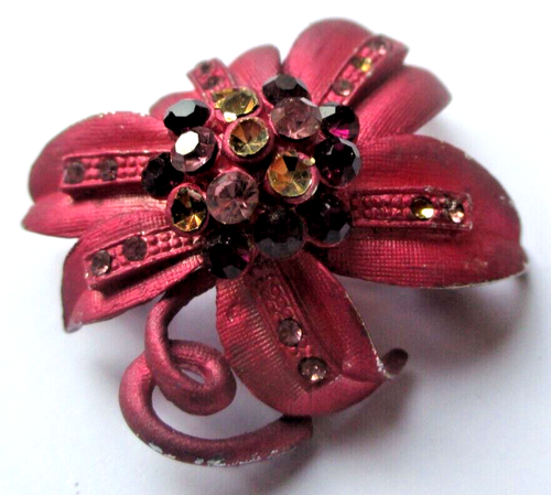 Grande Broche Fleur Vintage - Dorée, émail Bleu Et Noir, Cristaux - état Impeccable