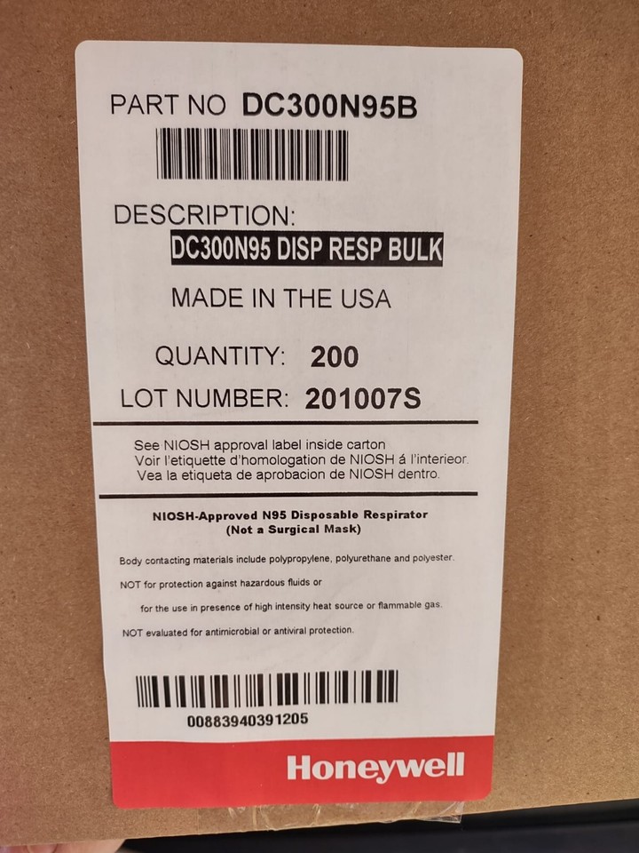 200 Masques Respiratoires Jetables Honeywell N95 DC300 - Certification NIOSH, Pour Professionnels Et Ateliers