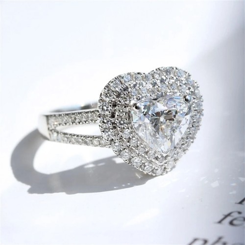 Double Halo Double Band Sterling Silver Heart Cut Moissanite Engagement Ring - Bild 3 von 7