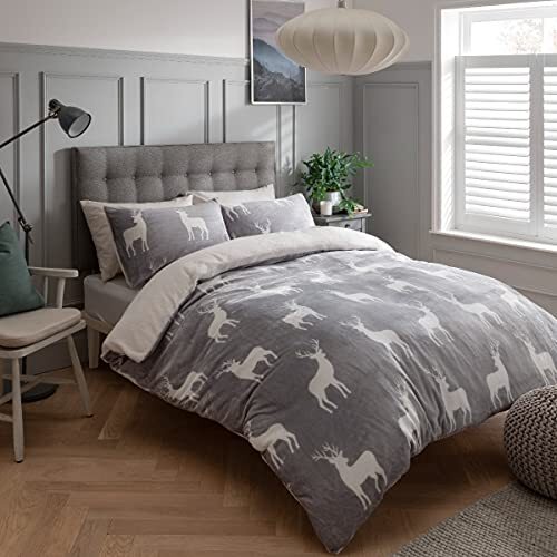 Sleepdown Hirsch bedruckt Flanell Fleece mit Sherpa Reverse Thermo warm kuschelig - Bild 1 von 5