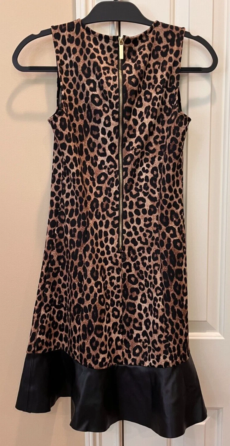 Abito donna Michael Kors stampa leopardata bordo ecopelle a contrasto NUOVO taglia XS