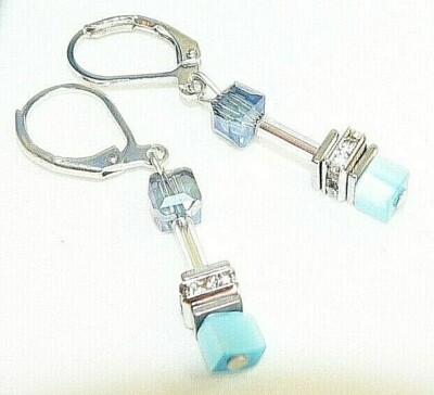 Ohrhänger Perlen Würfel Cat Eye Aqua Kristall Glas türkisblau blau  502e