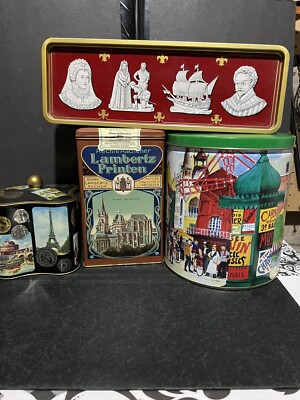 Lot Of 4 Tourist Tin Eiffel Tower Moulin Rouge Aachen Lambertz Elizabethan World