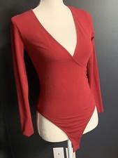 NEW WITH TAGS Size S Red V Neck Plunge Wrap Long Sleeve Bodysuit ma40