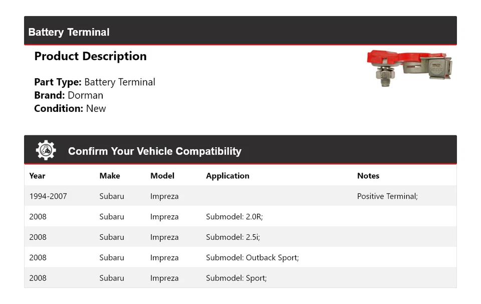Terminal de batería para Subaru Impreza Dorman 1994-2008 1995 1996 1997 1998 1999 Foto 2 de 4