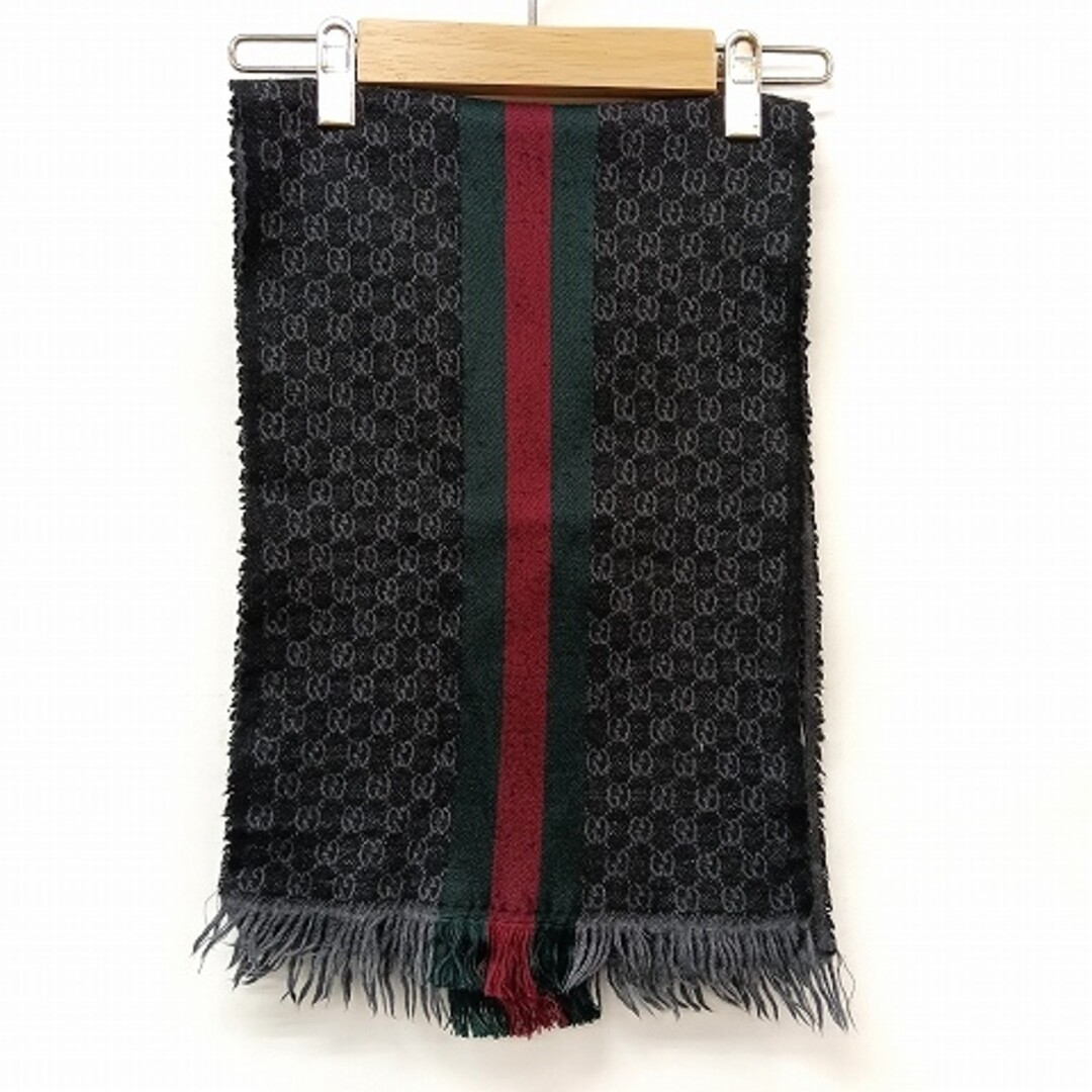 Gucci Silk Blend Sherry Line Logo Fringe Scarf Black AA Used