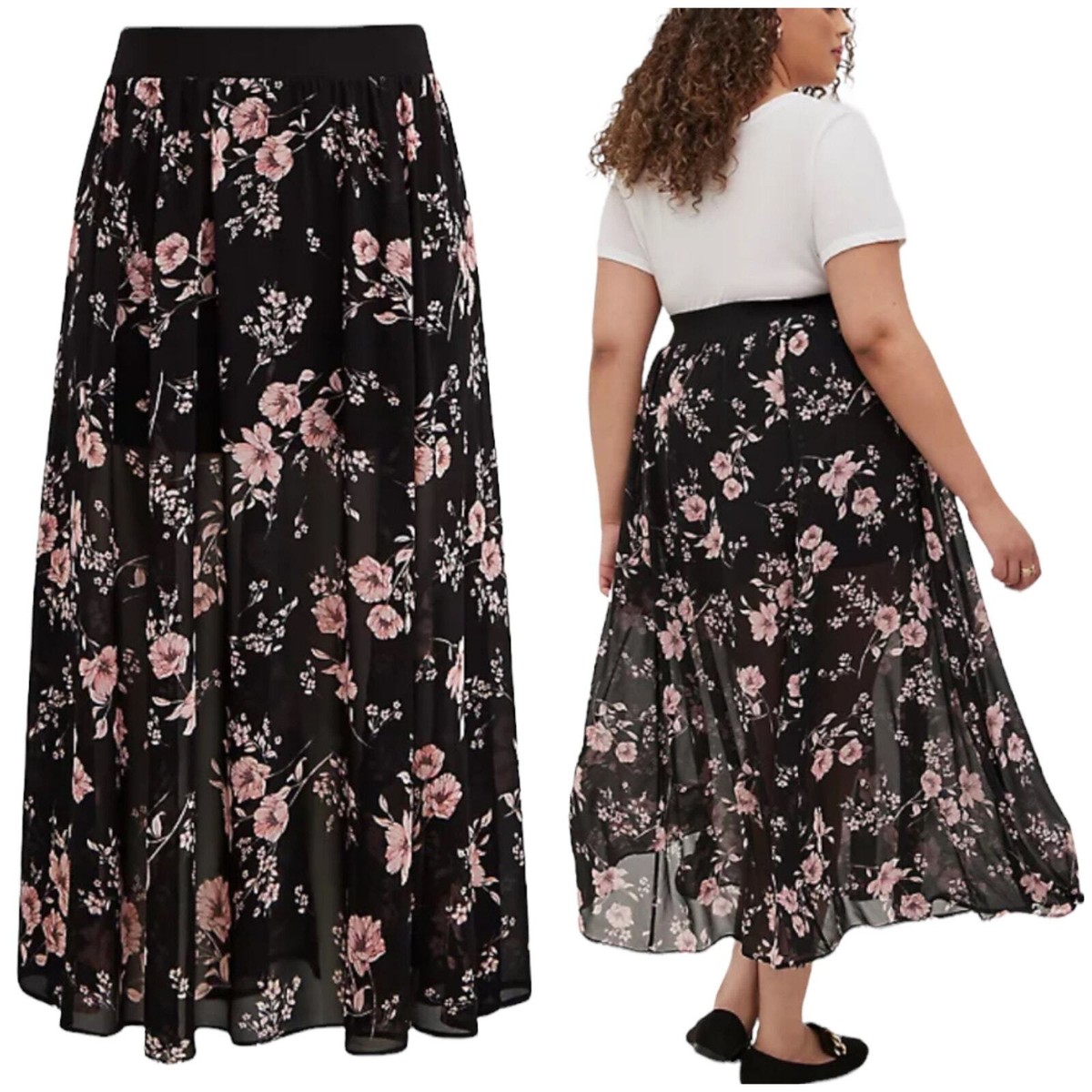Torrid NWT Maxi Skirt with Undershorts Chiffon Floral Black