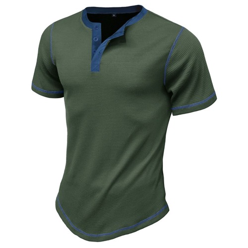 Men's Waffle Knit Henley Shirt Short Sleeve Slim Fit Soft Summer Button T Shirt - Foto 66 di 79