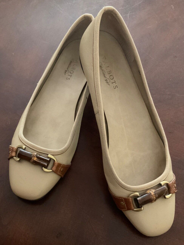 Talbots Size 10B Ballerina Flats Leather Tan Bamboo Trim Slip-On Made in Brazil  - Picture 1 of 9