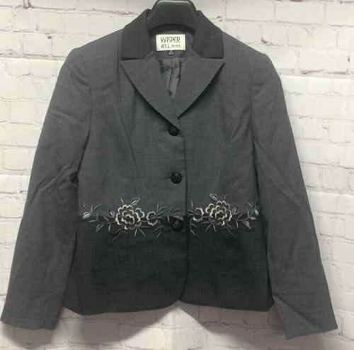 Kasper Size 4P Petite Blazer Women's Jacket Suit Separate Gray Embroidered