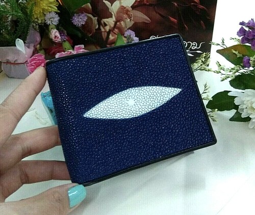 Genuine Stingray Leather Blue Skin Wallet Men Bifold Purse Card Slim Holder Gift - Picture 2 of 12