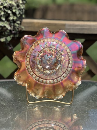 Dugan Carnival Glass Bowl Windflower Pattern Marigold Color Ruffled Vintage - Picture 3 of 8