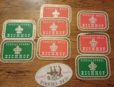 Vintage Bierflaschenetiketten 70er Jahre EICHHOF Luzern Schweiz x 9