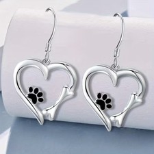 Silver Heart Paw Print Drop Earrings Dangle Bones Pendant Lghtwt Charm Dog Puppy