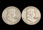 LOT OF 2 - 1958 D 50C BEN FRANKLIN SILVER HALF DOLLARS - 90% SILVER AS SHOWN