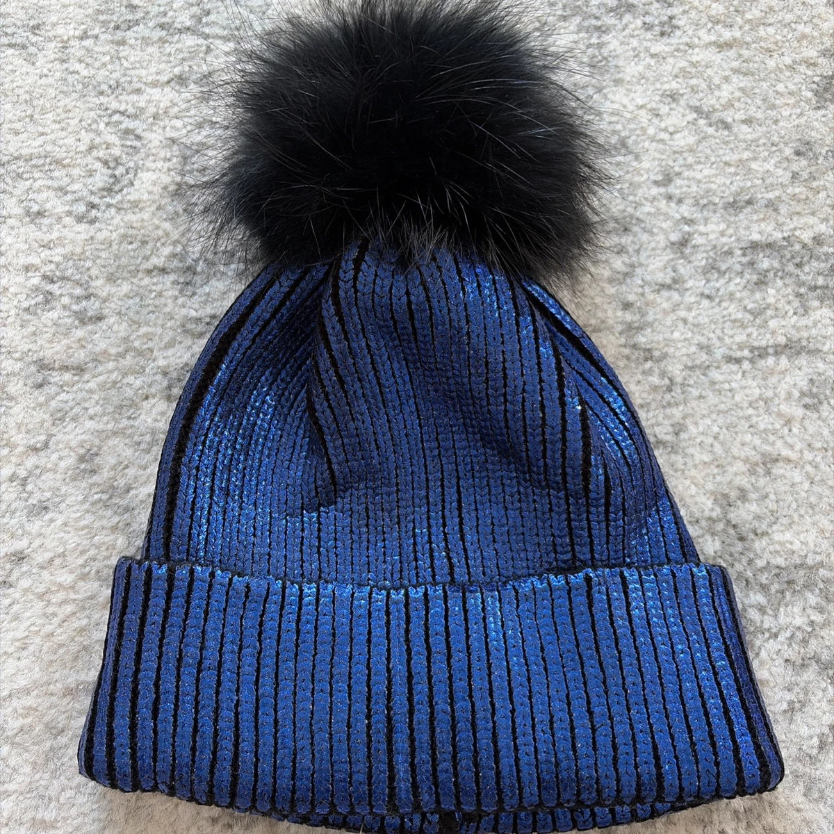 Adrienne Landau Sequin Beanie Hat OS Black Fox Fur Pom Metallic Iridescent NWOT Adrienne Landau Embellished Beanie with Faux Fur Pom Pom main image 2