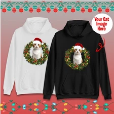 Personalised Cat Christmas Wreath Hoodie Custom Cat Image Xmas Ugly Style Hoodie