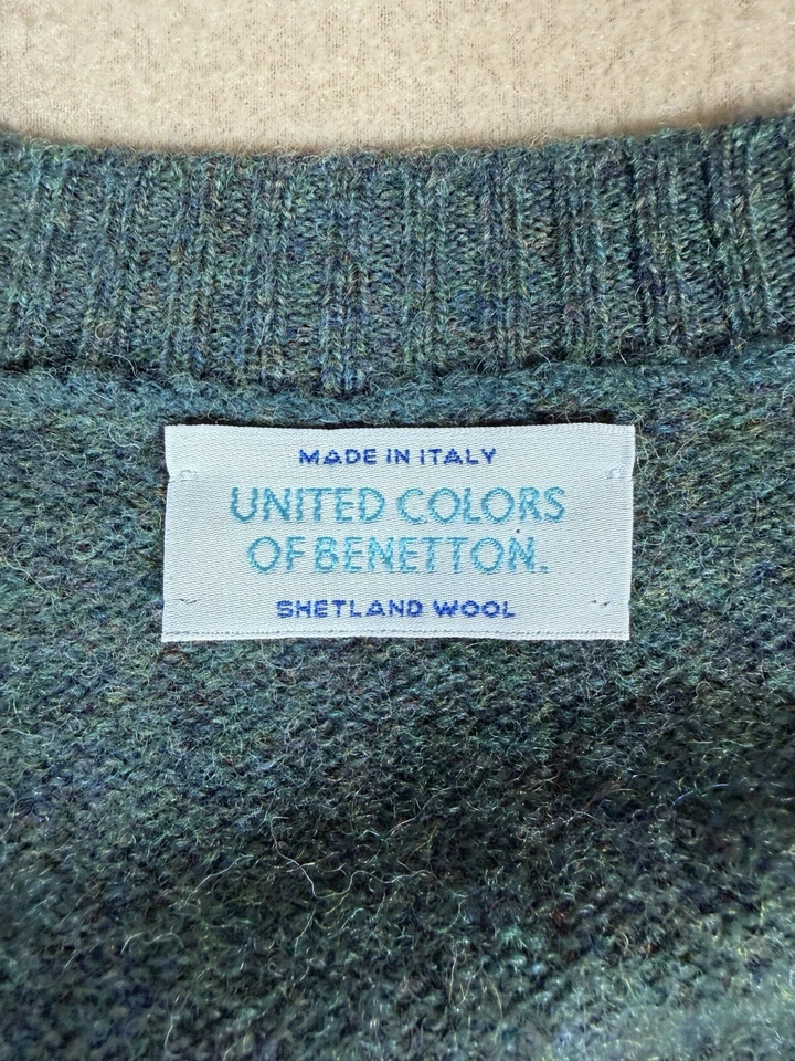 Suéter Vintage United Colors Of Benetton Shetland Lana Verde Hecho en Italia XL Foto 3 de 4
