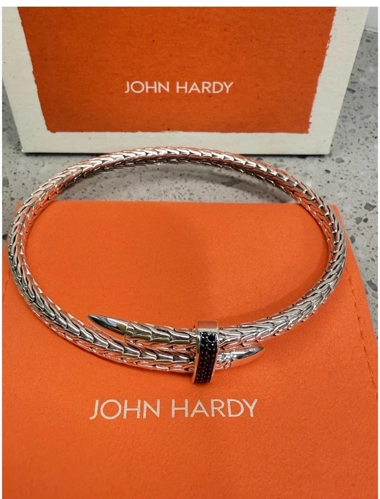 John Hardy Spear Flex Cuff, Sterling Silver with Treated Black Sapphire Size XL