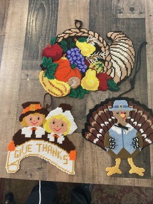 Vtg Plastic Canvas Thanksgiving Wall Decor Lot Pilgrim Turkey Cornucopia