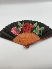 Vintage Hand Painted Floral Decorative Fan Paper with Wood Spokes