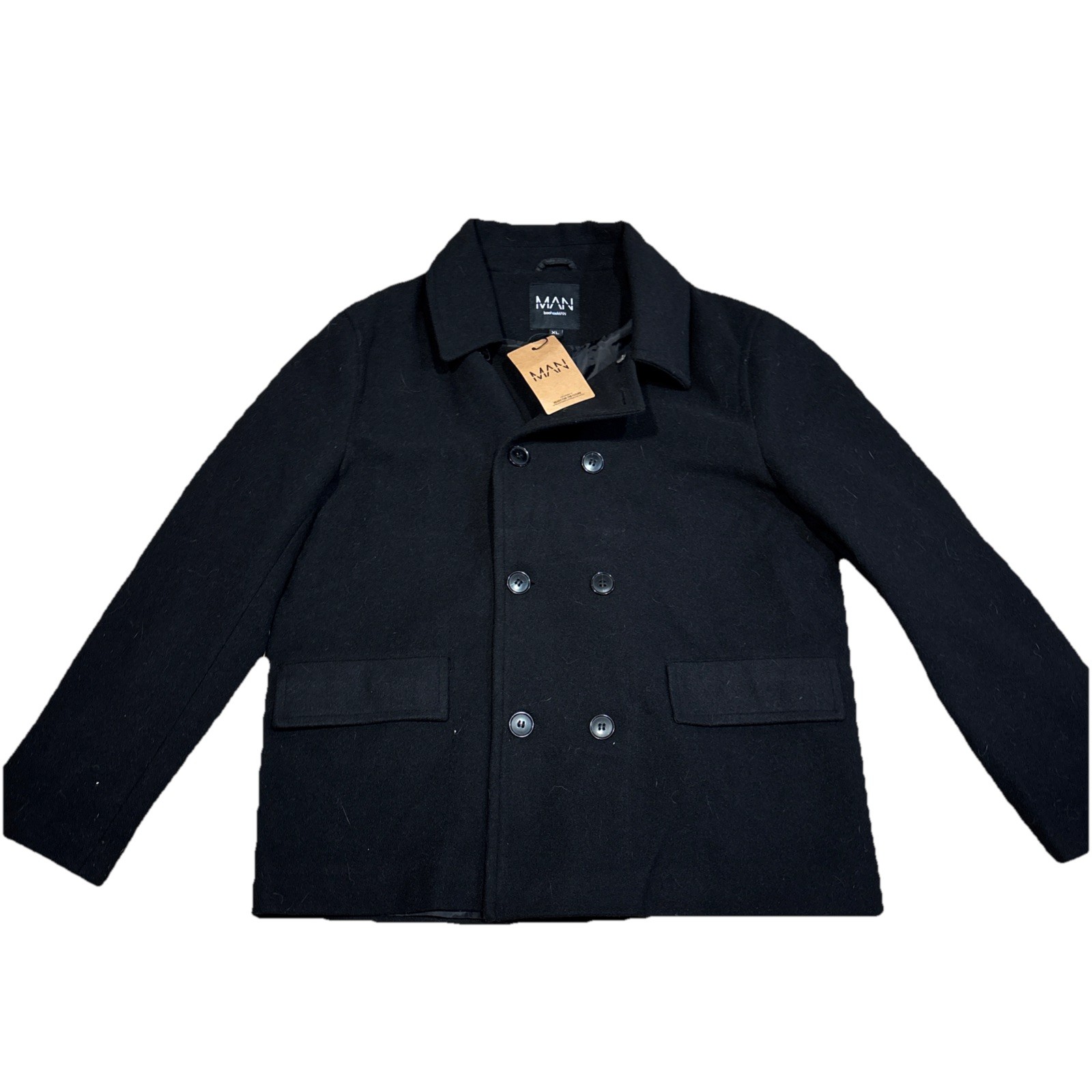 NWT Boohoo Man Black Pea Coat Size XL