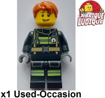 LEGO Figürchen Minifig City Feuerwehrmann Feuer Lächeln Haare Reflective Stripes