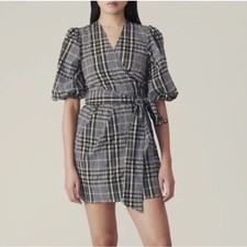 Ganni Plaid Puff Sleeve Wrap Dress, Size S (EU 36)