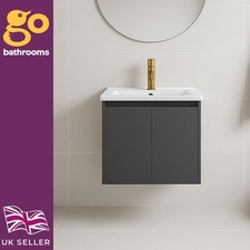 500mm Wall Hung Matt Grey Vanity Unit & Basin Set with Gold Tap & Trap