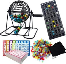 Bingo Game Set - Metal Cage, 75 Colored Balls, 100 Cards, 500 Mixed Chips