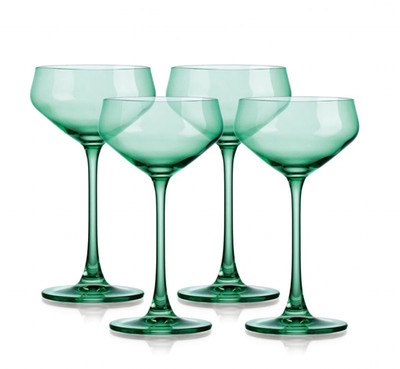 GODINGER SHEER AMELIA GREEN COUPE COCKTAIL 8OZ CRYSTAL GLASS 7'' SET OF 4 NEW NIB