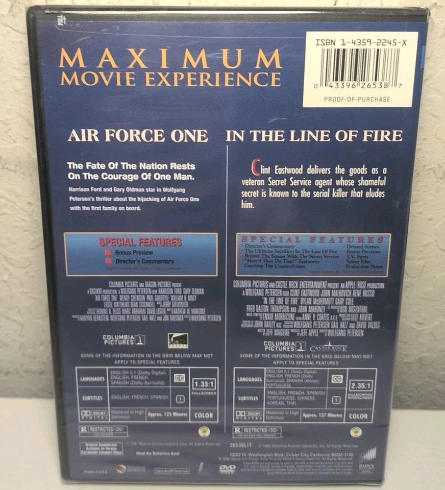 Air Force One / In The Line of Fire (2-Disc DVD,)  Harrison Ford  Brand New B163 - Image 2 of 2
