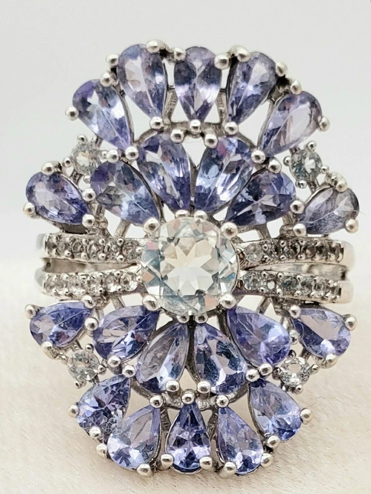 Дизайнерское кольцо из стерлингового серебра 925 пробы с танзанитом и белым топазом Victoria Wieck 4,73 карата - Изображение 2 из 4