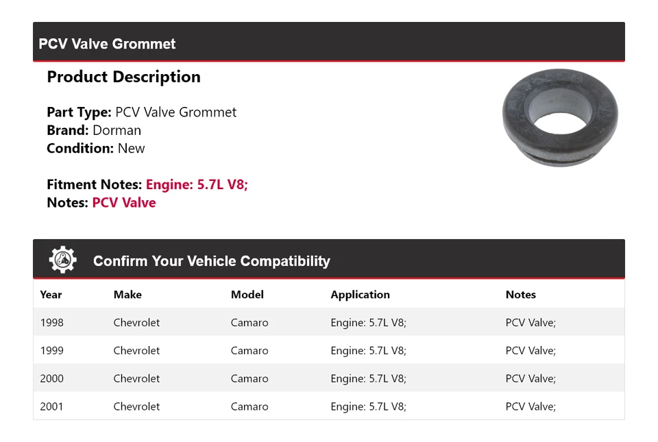 Para Chevrolet Camaro 1998-2001 5,7 L V8 Dorman PCV ojal de válvula 1999 2000 Foto 2 de 4