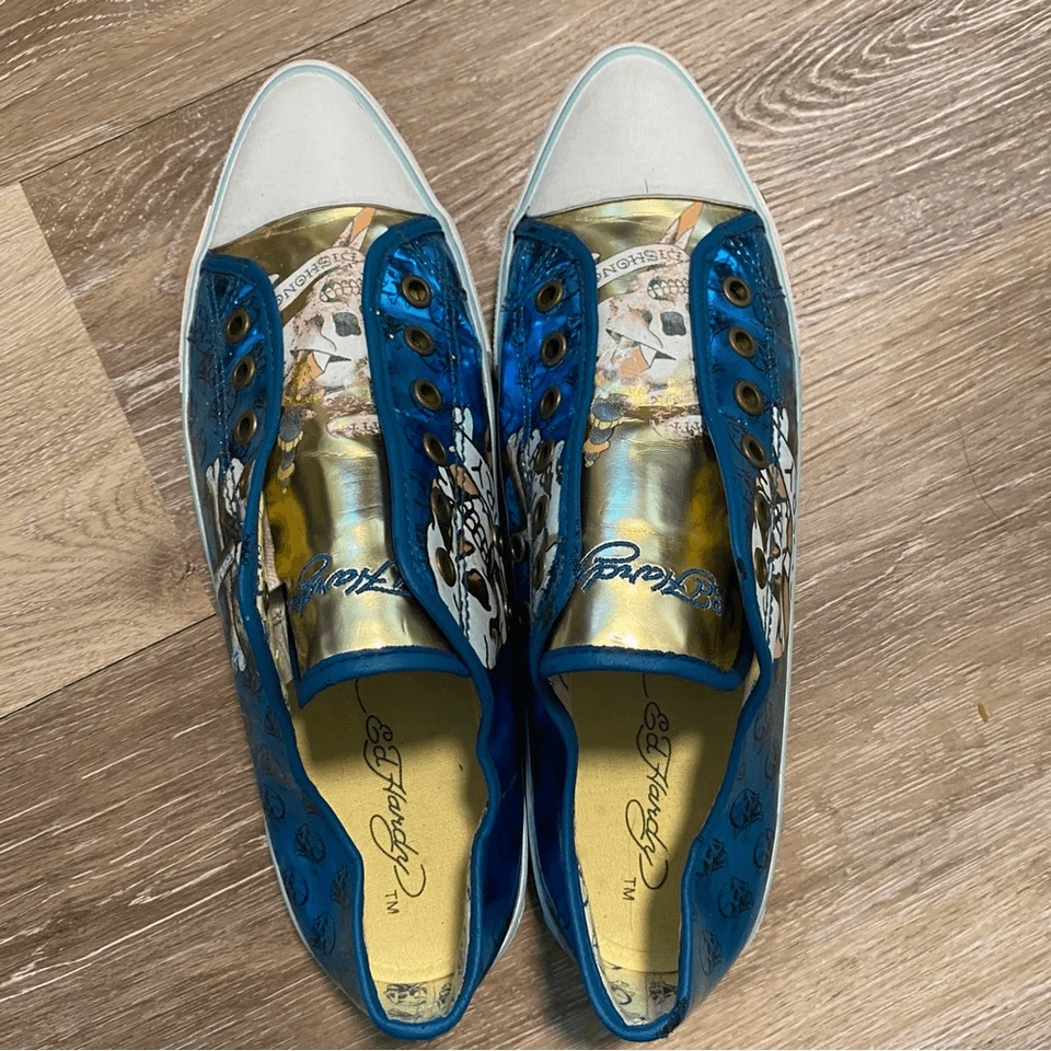 Ed Hardy vintage low top pointed toe metallic gold blue Y2K goth sneakers 8 - Image 2 of 4