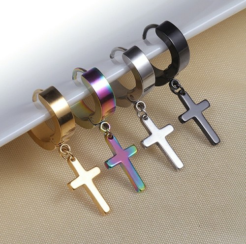 Cross Dangle Hoop Earrings, Hinged Huggie Men's Women's Vintage Stainless Steel - Picture 6 of 17