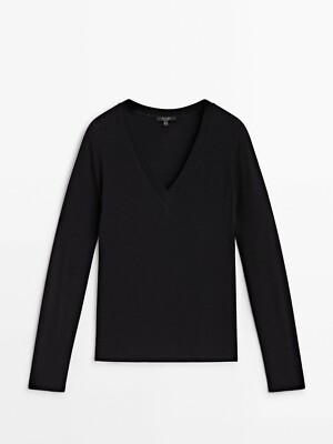 Massimo Dutti COTTON BLEND V-NECK T-SHIRT Black BRAND