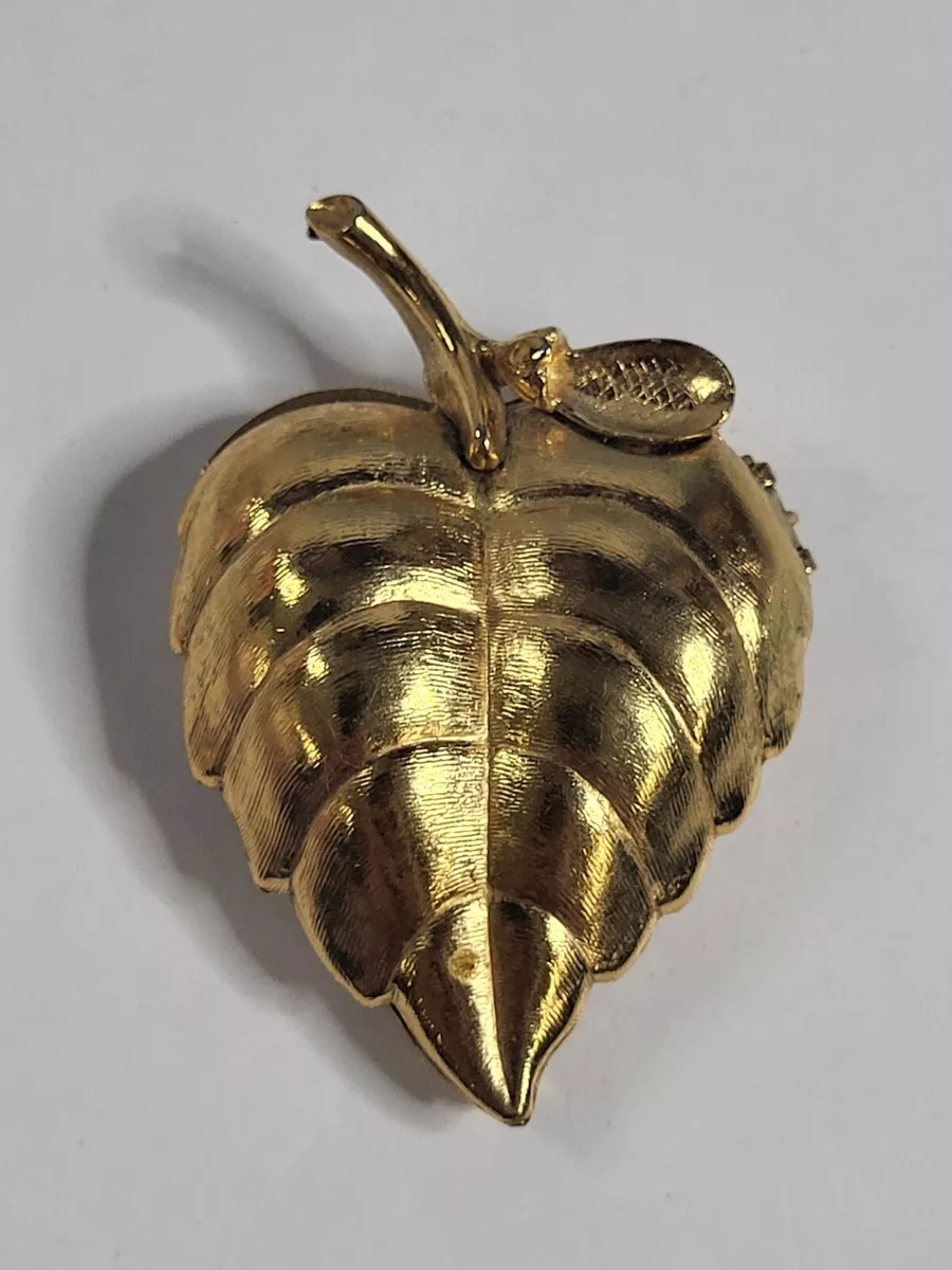 Vintage Avon Leaf Perfume Locket Gold Tone Hinged Brooch Pin Autumn 2.5