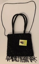 Vintage India 6 Black Beaded Evening Handbag Purse - Shoulder Strap Handles