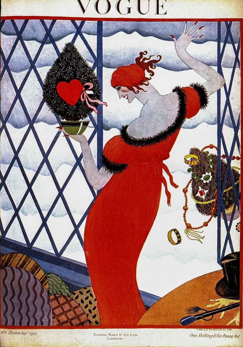 Vogue magazine cover art Helen Dryden Red-head in red dress