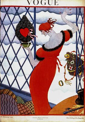 Vogue magazine cover art Helen Dryden Red-head in red dress