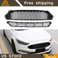 Gloss Black Grill For Ford Fusion 2013-15/2016 Front Bumper Upper & Lower Grille